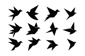 Diverse collection of abstract flying bird vector icons, stylized with modern geometric shapes, ideal for minimalist designs, digital art, and contemporary branding projects