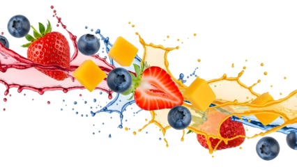Vibrant fruit splashes in dynamic colors against black background