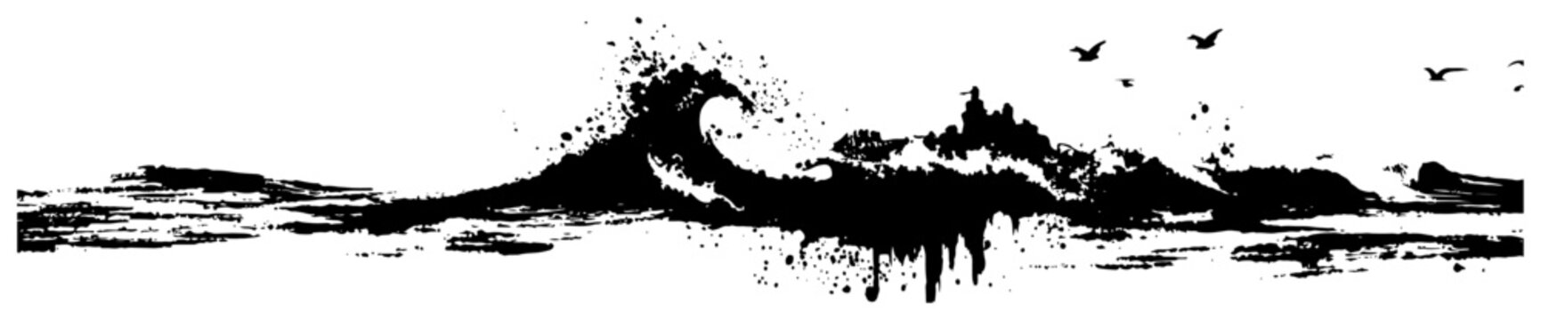 Grunge ink style drawing of ocean waves and flying birds