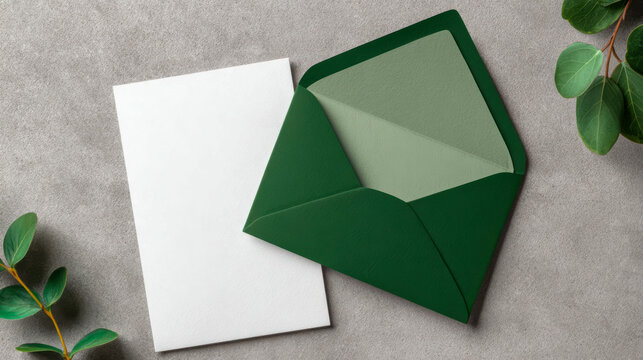 Blank card and green envelope placed on gray surface with leaves arranged around the edges