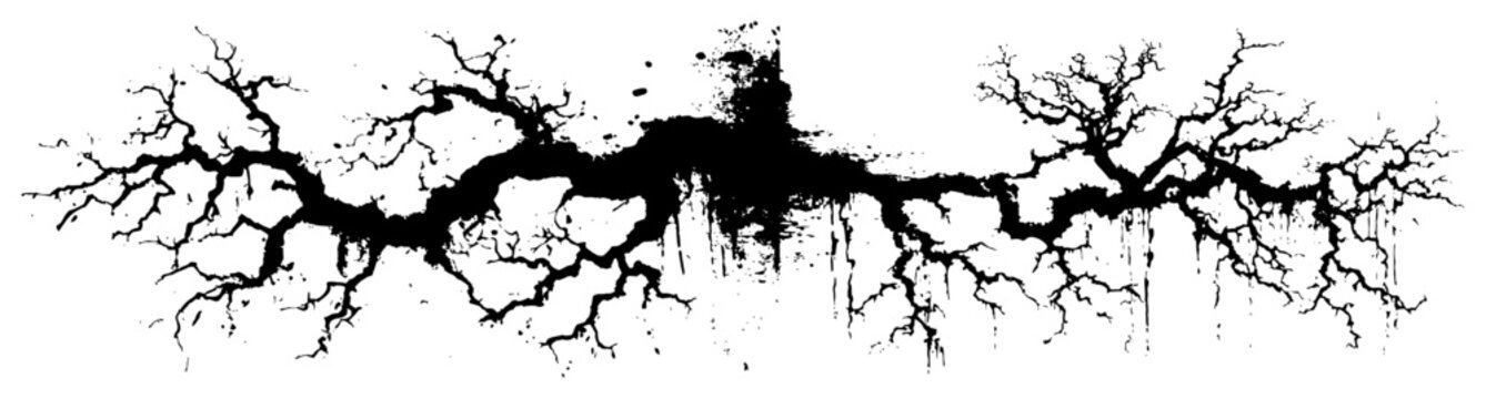 Abstract horizontal grunge tree roots texture with black ink drips