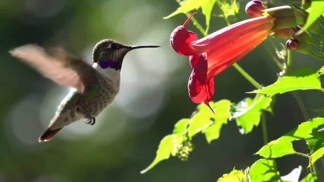 Hummingbird drinks nectar from red trumpet flower with wings outstretched in nature.