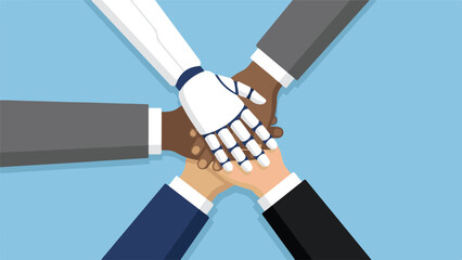 Diverse human and robot hands stacked for teamwork and technology integration