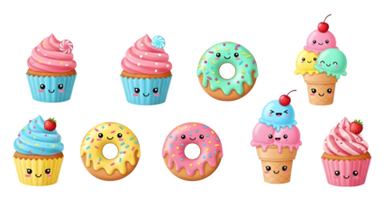 Colorful cartoon desserts with happy faces on black background