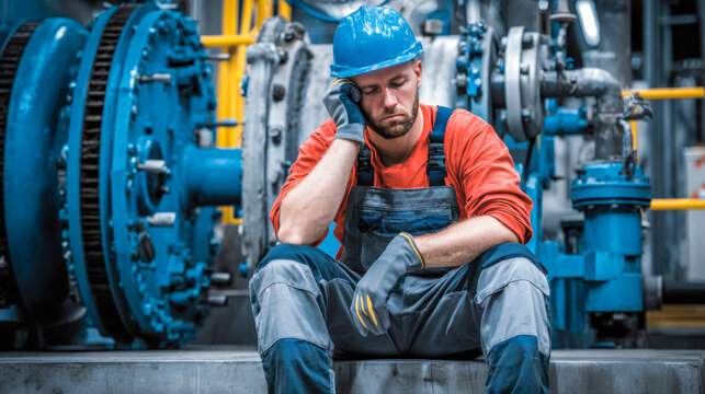 Worker rests on pipes in industrial facility after long hours of labor in a factory setting