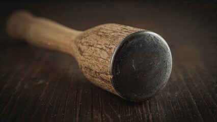Close-up of a wooden hammerhead, resting on a dark surface.