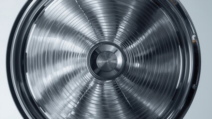 A close-up view of a metallic circular object with concentric ridges and a central hub.