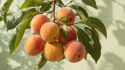 Obraz premium Cluster of peaches on tree branch with green leaves and a light background.