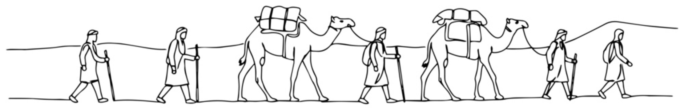 Continuous one line drawing of a desert caravan with camels and people