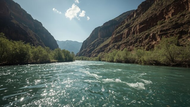 River flowing through a canyon with mountains on both sides and trees along the banks. - Powered by Adobe