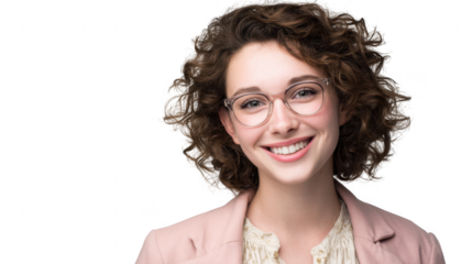 ant young businesswoman with curly hair and glasses isolated on transparent background