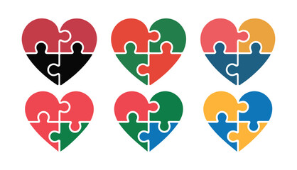 Puzzle Heart Icon set. Multiple Colors, Love, Teamwork and Harmony. Vector illustration eps 10