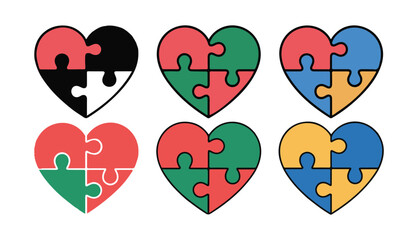 Puzzle Heart Icon set. Multiple Colors, Love, Teamwork and Harmony. Vector illustration eps 10