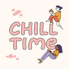 Fototapeta premium Relaxed Mood Illustration — Rounded Lettering and Minimal Cartoon Humans and Animals