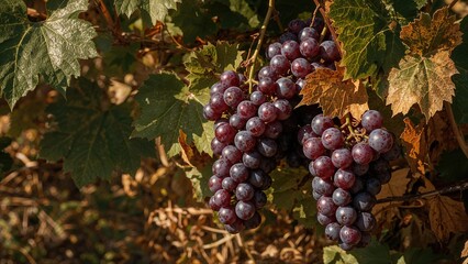 Clusters of ripe grapes hanging from a vine surrounded by green and brown leaves.