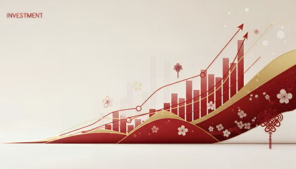 Financial visualization displays increasing bar graphs and upward trend arrows combined with decorative red elements, representing profit growth, economic stability, and positive market performance.