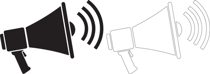 Megaphone icons with sound waves, black filled and outlined