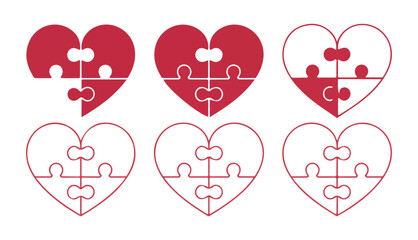 Minimal Red Puzzle Heart Icon Set. Love, Care and Togetherness. Vector illustration eps 10