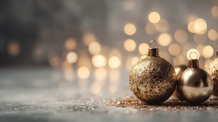 Soft golden ornaments sit on a surface, surrounded by warm lights that create a holiday atmosphere for joyful celebrations and gatherings with family and friends