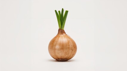 A brown onion with green sprouting shoots, isolated on a white background.