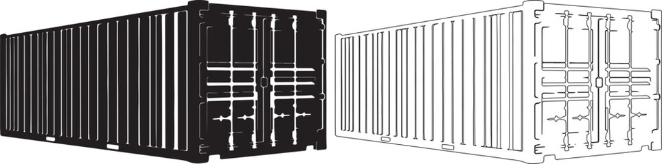 Black and white silhouettes of shipping containers side by side