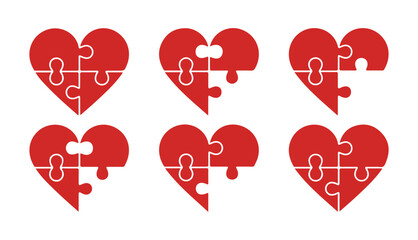 Puzzle Heart Symbol Collection. Red Love, Unity and Romance Concept. Vector illustration eps 10