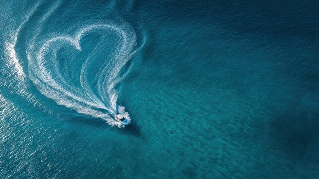 A speedboat moves through clear blue water, leaving behind heart-shaped ripples. People enjoy their time on the boat under a bright and sunny sky