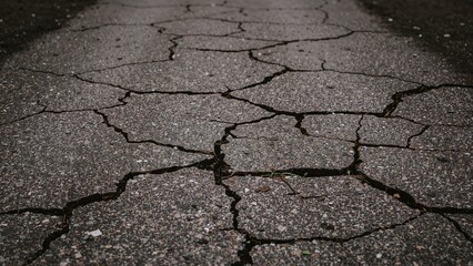 Obraz premium Cracked asphalt road with visible damage and fissures.