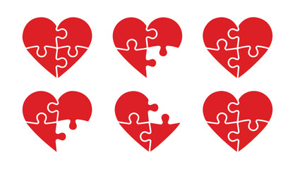 Red Puzzle Heart Icons Set. Love, Relationship and Emotional Connection. Vector illustration eps 10