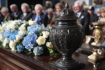 People are gathered around an elegant black urn and floral arrangements during a funeral service. The mood is respectful as attendees pay their respects