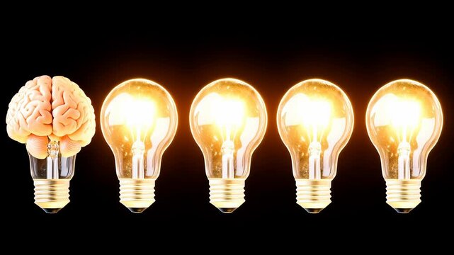 Bright glowing light bulb shaped like brain symbolizing creativity innovation bright ideas glowing among dim bulbs on black background