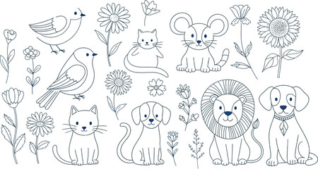 Whimsical Animal Illustrations with Flowers and Birds