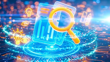 Holographic Search Documents with QR Codes and Magnifying Glass on Neon Platform Showing Digital Discovery Analytics and Smart Data Access - Powered by Adobe