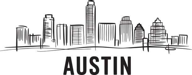 Austin city skyline vector sketch drawing with architectural landmarks and bold city lettering
