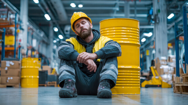 Worker in yellow hard hat resting beside barrels in a warehouse during the day shift