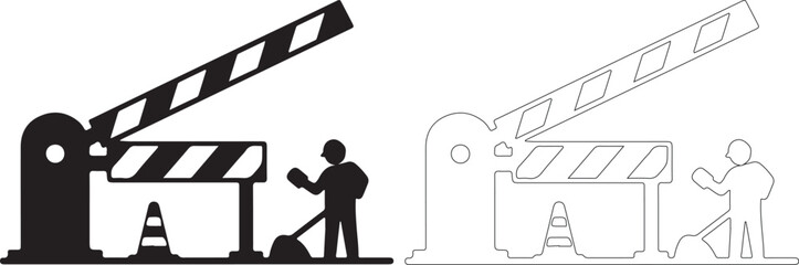 Road work and silhouettes of a man with a shovel