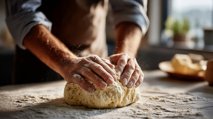 Close-up of chef's hands kneading soft dough on a floured marble surface, flour dust in the air, authentic artisan bakery vibe, morning sunlight through a window, earthy tones, wit
