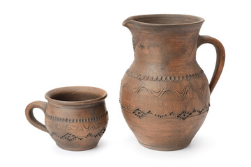Handmade Clay Jug and Cup Isolated on White Background with Copy Space Showing Traditional Pottery, Rustic Ceramics, Craftsmanship, Earthenware Texture, and Artisan Drinkware