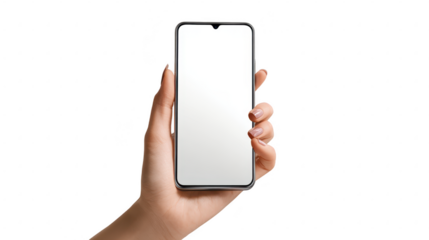 Hand holding smartphone with blank screen isolated on transparent background