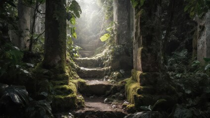 Fototapeta premium Mysterious Stone Steps Leading Up Through a Lush, Overgrown Forest with Sunbeams.