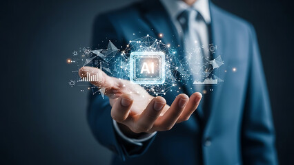 Businessman presenting artificial intelligence chip and network concept for future innovation