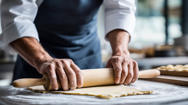 Pastry chef using a wooden rolling pin on puff pastry, thin even layers, focus on the texture of the dough and hands, clean minimalist workspace, bright natural lighting, authentic