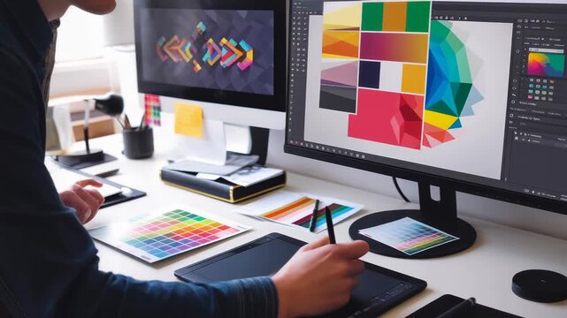 Color palette graphic design digital art computer screen drawing tablet creative workspace with dual monitors and vibrant colorful geometric artwork