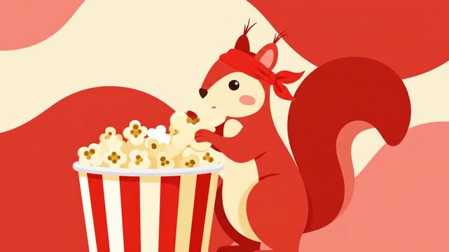 Animated Squirrel Enjoying Popcorn in Retro Cartoon Style Red Color Scheme Background Video