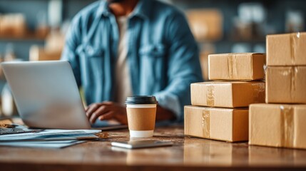 A person in a blue shirt is focused on a laptop while sitting at a table surrounded by stacked boxes and a coffee cup during the daytime at a home office