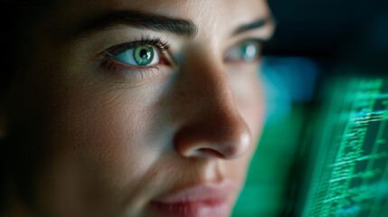 Close-up of an IT specialist's face reflected in a laptop screen with flowing green digital code, high-tech matrix aesthetic, sharp focus on eyes, dark environment, atmospheric lig