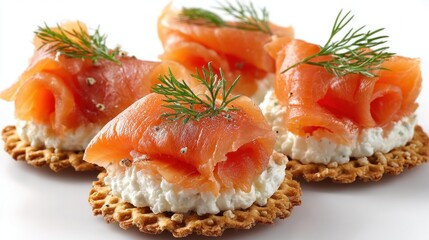 Crackers topped with cream cheese and slices of smoked salmon are arranged on a white surface for a simple snack or appetizer option