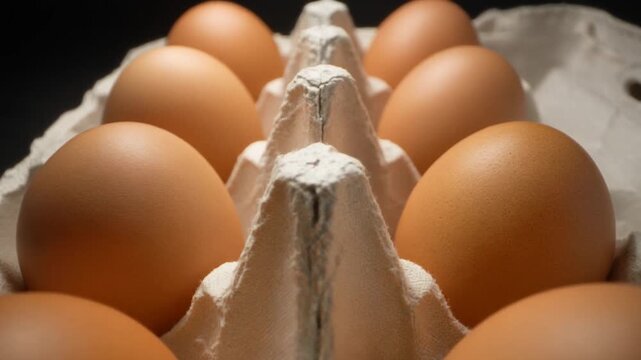 Farm fresh brown eggs in a commercial paper tray, macro, mp4 video. AI