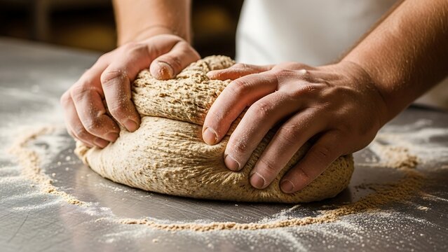 Hands kneading dough on floured surface. - Powered by Adobe