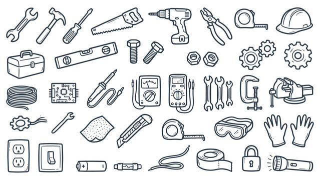 Various tools and equipment for construction and DIY projects illustrated in a flat design style on a white background